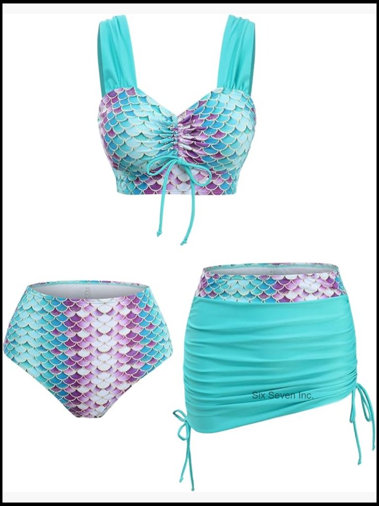 3 Piece Vintage Mermaid Scale Bikini Set Tummy Control Tankini